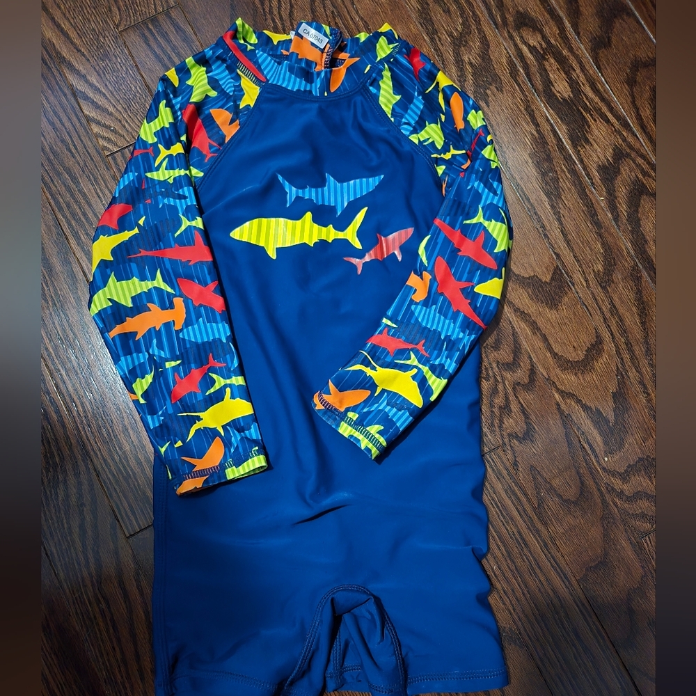 Floatimini Blue Rashguard with Colorful Shark Design